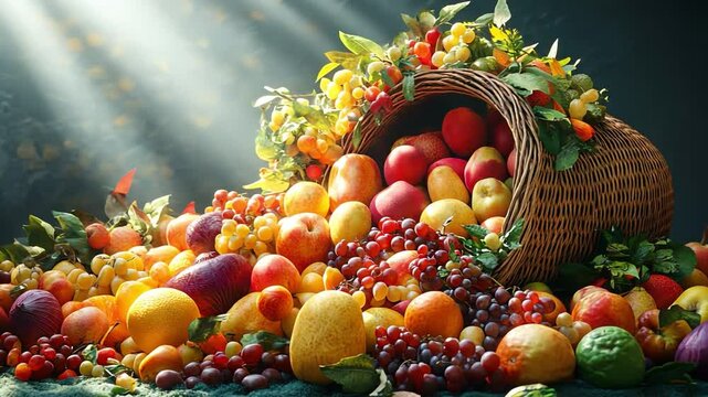 Abundance in Bloom: A cornucopia of fresh, vibrant fruits spills forth, adorned with verdant foliage, in a bountiful display of nature's offerings.
