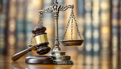 Ornate Scales of Justice with Wooden Gavel Resting on Wood, Library Background