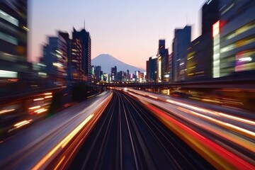 Fototapeta premium Stunning Tokyo cityscape with vibrant lights and Mount Fuji at dusk, perfect for urban travel and photography enthusiasts.