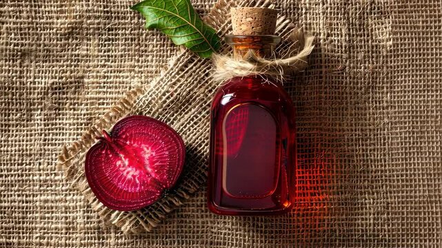 essential oil of red beet on the background of burlap top view