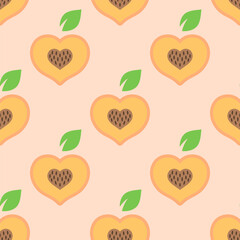 Valentines Day seamless pattern with cute peaches hearts on a pastel background. Peach halves with heart shaped pit in cartoon style. Vector pattern for a wrapping paper, textile prints, wallpaper