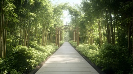 Tranquil Bamboo Forest Path Serene Garden Walkway with Wooden Arch