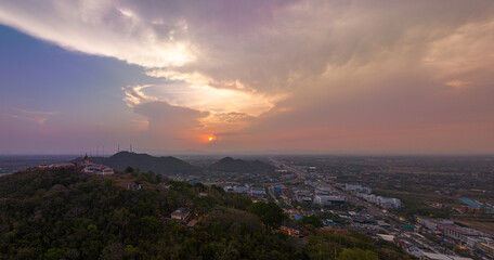 aerial view beautiful golden sunrise the palace in Phetchaburi city on hilltop..A beautiful palace built on top of a hill is a famous landmark on the hilltop of Phetchaburi province.
