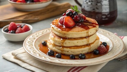 Pancakes with syrup and berries