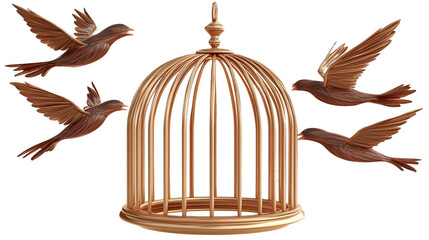3D Illustration Of Golden Birds Flying Out Of Cage On Transparent Background