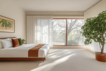Fototapeta premium Modern bedroom with large window and indoor plant in bright natural light