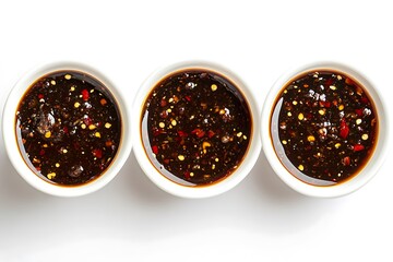 Overhead View Three Bowls of Dark Soy Sauce with Chili Flakes on White Surface