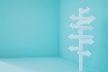 Obraz premium Multiple White Arrow Signpost in Light Blue Room Directional Choice Concept