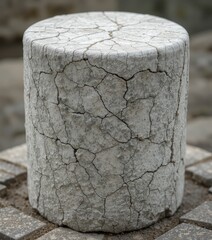 Naklejka premium A small, weathered white stone featuring intricate cracks and textures, showcasing its unique character. The stone rests on a natural surface, highlighting its organic beauty.