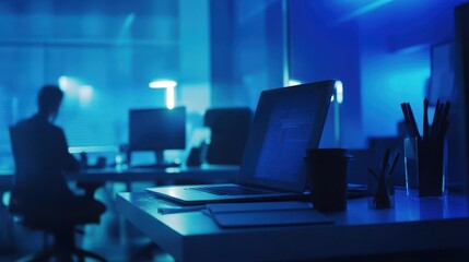 Naklejka premium Silhouette working late in modern office.