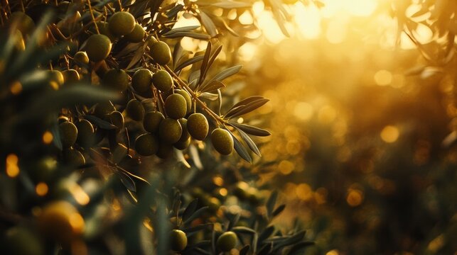 A detailed closeup view of freshly ripened olives hanging in a sunlit grove in rural Catalonia