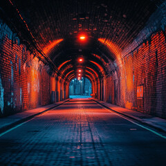 Obraz premium Deserted tunnel under a city with exposed brick walls showcasing forgotten underground architecture