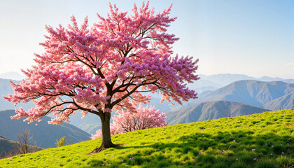Pink blossoming tree in spring against a mountain backdrop  