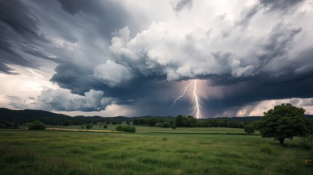 Dramatic thunderstorm illuminated by the vivid strikes of powerful lightning