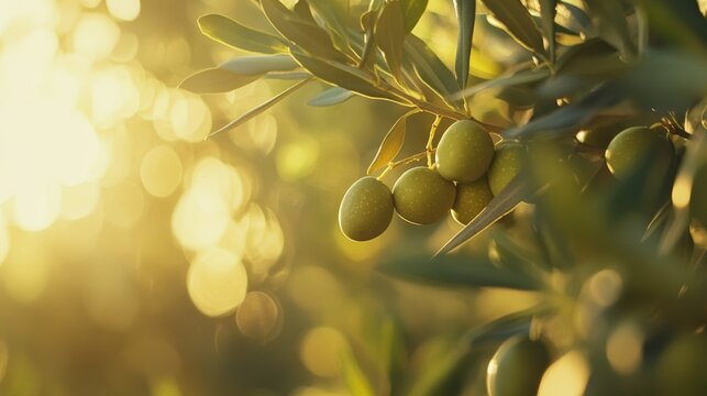 Stunning detailed view of ripe Arbequina olives gracefully perched on a tree branch amid a vibrant Catalonian grove