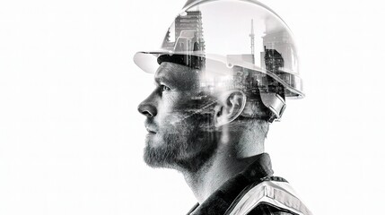 Black Construction Worker in Helmet with Urban Landscape Background