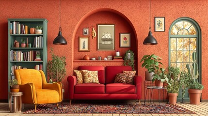 Red and orange living room interior with plants, books, and a red couch. 