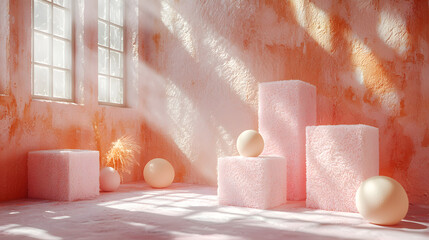A balanced layout of floating soft cubes, eggs, and rings with gentle lighting and drop shadows 