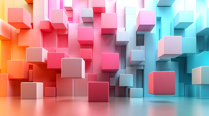 A clean 3D abstract layout of floating geometric primitives in pastel tones, soft shadows and white space design 