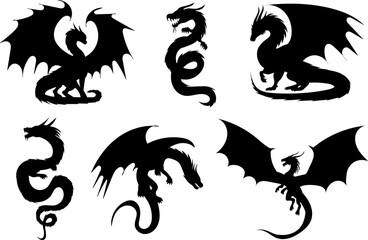 set of silhouettes of dragons in different angles, vector