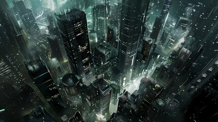 Obraz premium A future architectural design, city bird's eye view, dark tones, stunning effects, Generative AI illustrations.
