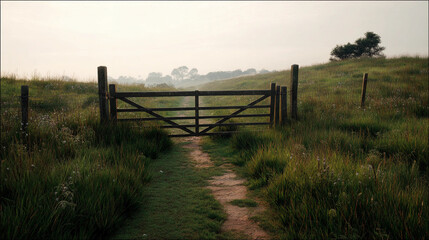 Traditional five-bar field entrance arching over a rural landscape creating a rustic, timeless entryway
