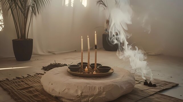 A center althar, althar is round, made of plaster like piled stones white clay, organic shape,  unclattered surface table of the althar, Generative AI illustrations.
