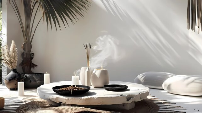 A center althar, althar is round, made of plaster like piled stones white clay, organic shape,  unclattered surface table of the althar, Generative AI illustrations.
