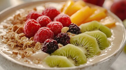Delicious bowl of creamy smoothie topped with fresh fruit and nuts in a modern kitchen