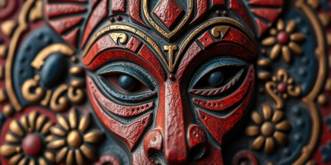 Naklejka premium Intricate red and gold traditional artisan mask on display