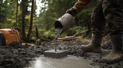 A construction worker pouring cement into a mold for a foundation. Featuring expertise and precision