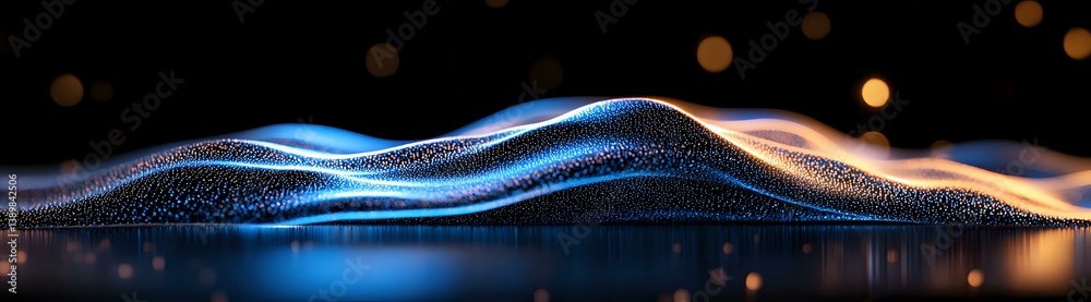 Poster glowing blue and orange light waves flow across dark background with bokeh particles, creating futur