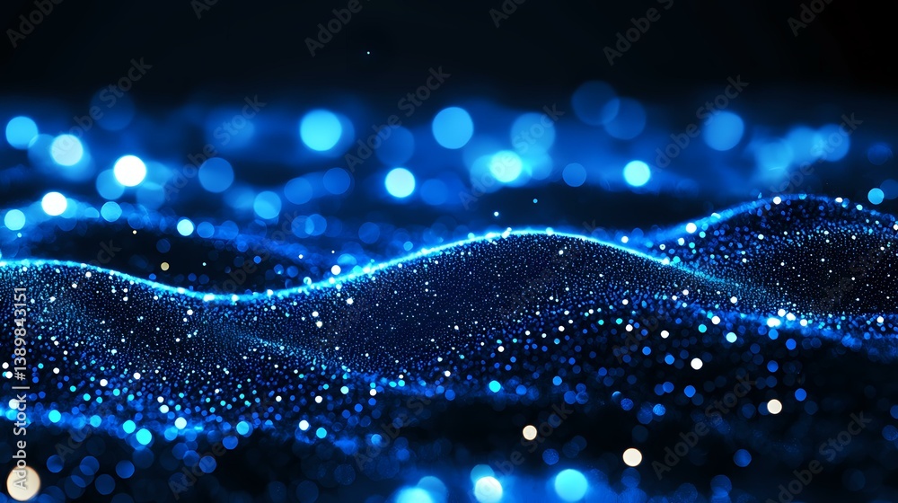 Poster glowing blue particles form dynamic waves against dark background, creating futuristic digital lands
