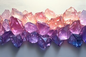 Fototapeta premium Luminous crystal formations in pink, purple and blue hues arranged in horizontal composition with dramatic lighting creating ethereal glow and reflections.