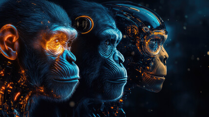 Illustration of human to android evolution in three stages against dual background, reflecting technological integration, identity shift, and the merging of biology with artificial intelligence