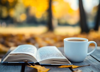 A cup of coffee and an open book on the table in an autumn park, with the focus on the books and a blurred background