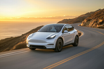 Fototapeta premium Electric SUV Driving Coastal Road Sunset Scenic Ocean View Travel Adventure Eco Friendly Vehicle