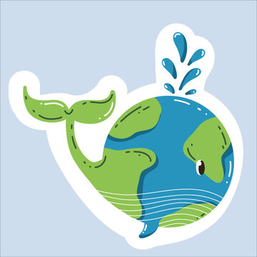 Vector sticker "Earth Day" in a trendy cartoon style. World Environment Day. Funny vector illustration of planet Earth, a globe with a smiley face. Eco-friendly labels or badges.