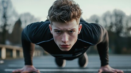 Young man performs push-ups outdoors during early morning workout session
