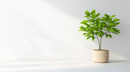 A small green potted plant sitting on a white surface in a minimalistic room, soft natural light casting gentle shadows, and serene indoor setting.