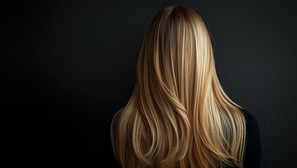 Naklejka premium Blonde woman with long wavy hair shown from behind against dark background, highlighting natural hair movement and professional salon styling results.