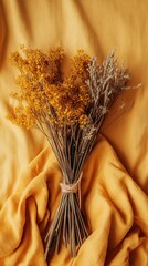 Vintage-Inspired Dried Osmanthus Bouquet on Pale Yellow Linen Texture. Abstract Marketing Background for Creative Design. Rustic Floral Element for Posters, Banners, and AI-Generated Wallpapers with C