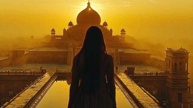 A woman stands at sunrise before the temple steps, offering prayers during Chhath Puja a festival dedicated to the Sun God and gratitude for life and nature. High quality 4k footage