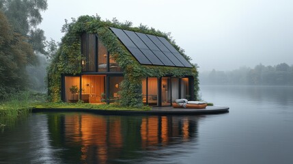 Obraz premium Ecohouse lake with green roof, and sunset.