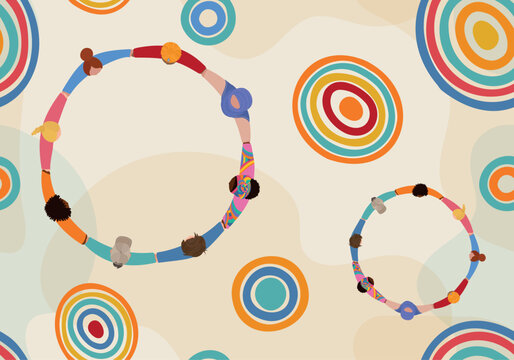 Seamless pattern - Poster showing a chain of multicultural people in a circle holding hands. Aerial view. Concept of unity, cooperation teamwork, community peace or environmental harmony