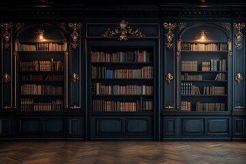 Luxurious dark blue library interior with ornate baroque bookcases filled with antique books, illuminated by warm sconces against carved wooden panels and herringbone floor.