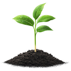 Green seedling sprouting from dark, rich soil, realistic appearance, isolated transparent background.