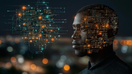 Mind's Circuit: A digital network overlays the silhouette of a person, merging human form with technological elements, hinting at a fusion of consciousness and artificial intelligence. 