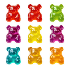 Group of jelly gummy bears with vibrant colors, translucent texture, isolated transparent...