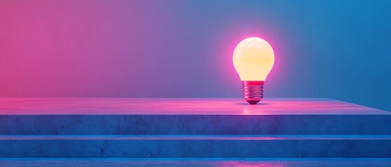 Glowing lightbulb on platform, pink blue backdrop.